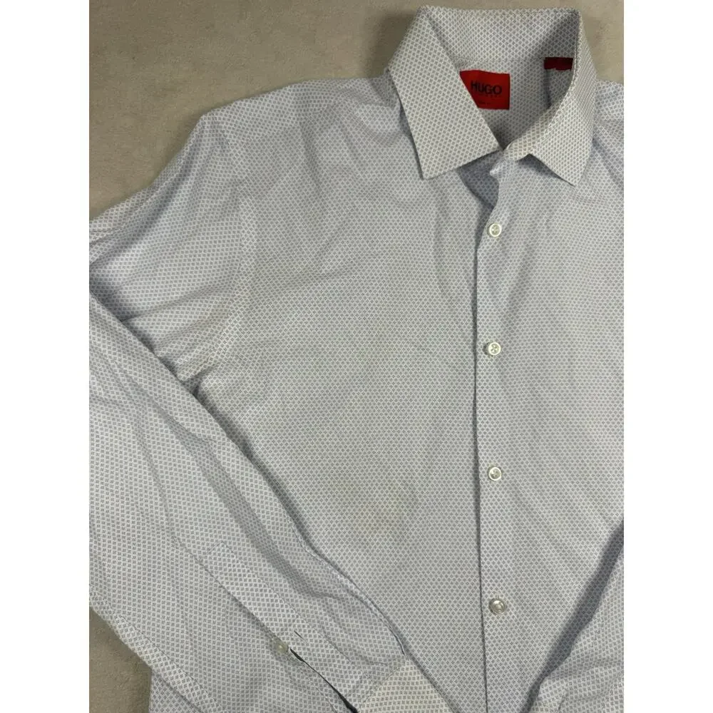 HUGO Hugo Boss Mens Sharp Fit White Blue Micro Print Long Sleeve Dress Shirt L